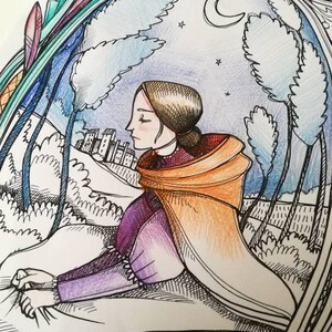 May include: A black and white illustration of a woman in a purple dress and orange cloak, with a quote that reads "A bird and no net ensnares me - a human being with an independent will."