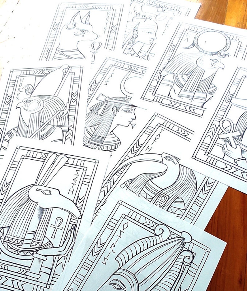 May include: A set of eight black and white line drawings of Egyptian gods and goddesses. Each drawing is framed with a decorative border and includes the name of the deity.
