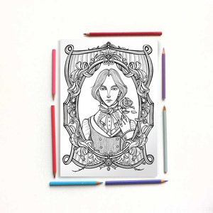 May include: A black and white line drawing of a person with long hair holding a rose. The person is framed in an ornate oval frame with intricate details. The image is suitable for coloring.