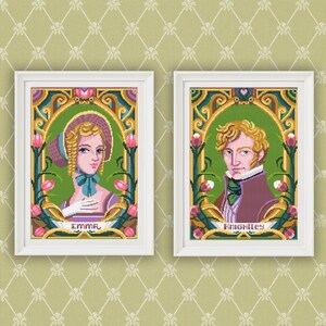 May include: Two framed illustrations of Emma and Mr. Knightley from the novel Emma. The illustrations are in a vintage style with ornate gold frames and floral accents.
