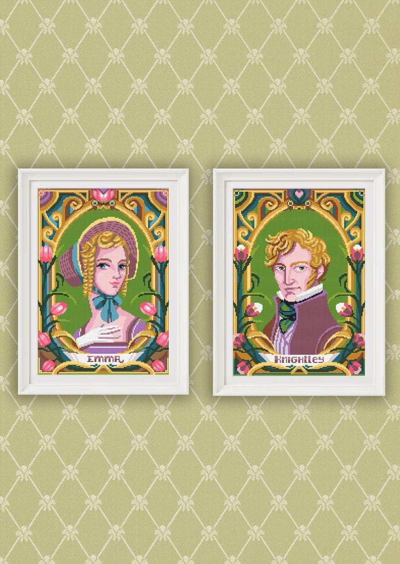 May include: Two framed illustrations of Emma and Mr. Knightley from the novel Emma. The illustrations are in a vintage style with ornate gold frames and floral accents.