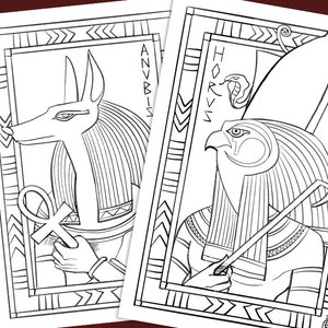 May include: Black and white line art coloring pages featuring the Egyptian gods Anubis and Horus. Anubis is depicted as a jackal-headed god holding an ankh symbol. Horus is depicted as a falcon-headed god holding a crook and flail.
