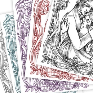 Pode incluir: Uma pilha de gravuras art&iacute;sticas com desenhos de linha intrincados. As gravuras mostram um casal rom&acirc;ntico abra&ccedil;ando-se, rodeado por bordas florais e de rolagem ornamentadas em tons de cinza, verde-azulado, roxo e vermelho.