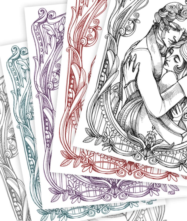 Pode incluir: Uma pilha de gravuras art&iacute;sticas com desenhos de linha intrincados. As gravuras mostram um casal rom&acirc;ntico abra&ccedil;ando-se, rodeado por bordas florais e de rolagem ornamentadas em tons de cinza, verde-azulado, roxo e vermelho.
