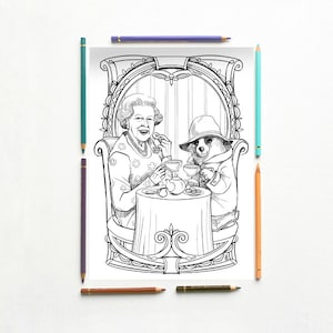 Coloring page -Queen Elizabeth II take a tea with her friend Paddington the bear  - PDF Instant download