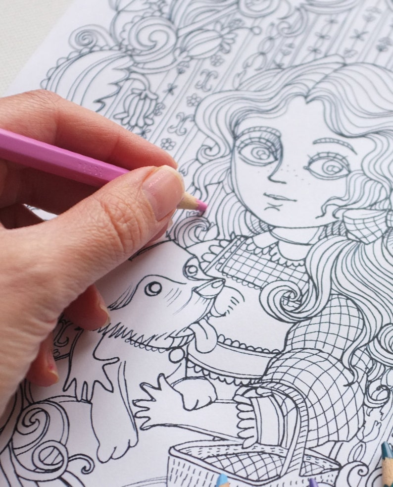 May include: A black and white line drawing of a girl with long hair holding a dog. The girl is wearing a dress with a checkered pattern. The dog is looking up at the girl. The drawing is on a white background.