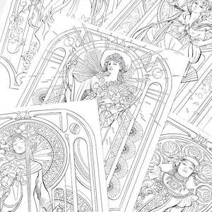 Può includere: Una collezione di pagine da colorare in stile Art Nouveau con eleganti donne in abiti fluenti, motivi floreali e cornici ornate. Le illustrazioni in bianco e nero sono dettagliate e pronte per essere colorate.