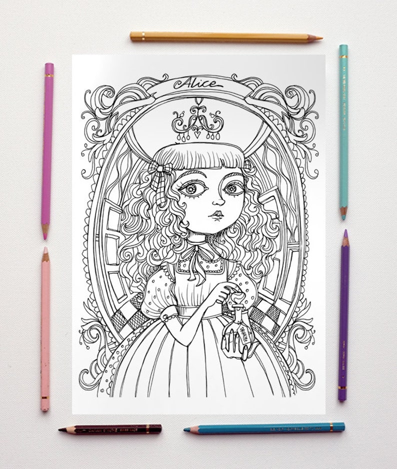 Coloring page PDF Alice in wonderland DRINK ME Lewis Carroll Instant download Art Printable illustration image 2