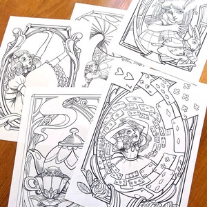 May include: Five black and white coloring pages featuring Alice in Wonderland characters and scenes. The pages include Alice falling down a rabbit hole, Alice with a teapot, Alice with playing cards, and Alice with the Cheshire Cat.