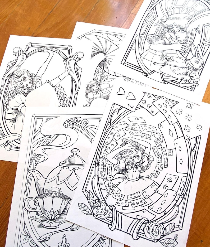 May include: Five black and white coloring pages featuring Alice in Wonderland characters and scenes. The pages include Alice falling down a rabbit hole, Alice with a teapot, Alice with playing cards, and Alice with the Cheshire Cat.