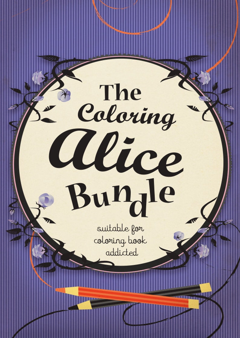 May include: A purple and white striped background with a black circle containing the text "The Coloring Alice Bundle" in black and white. The text "suitable for coloring book addicted" is below the circle in black text. Two pencils, one red and one black, are crossed in the bottom right corner.