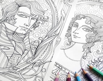 Coloring page JPG - Pride and prejudice - Lizzy and Darcy portraits- Jane Austen -Instant download - Art Printable illustration