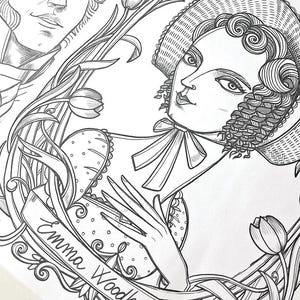 May include: A black and white line art illustration featuring a portrait of a person wearing a bonnet with curled hair, framed by tulip flowers and stems. A banner at the bottom displays the text Emma Woodhouse in cursive script.
