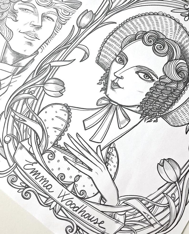 May include: A black and white line art illustration featuring a portrait of a person wearing a bonnet with curled hair, framed by tulip flowers and stems. A banner at the bottom displays the text Emma Woodhouse in cursive script.