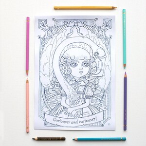 May include: A black and white line drawing of a girl with a flamingo. The girl is wearing a dress and a bow in her hair. The flamingo is wrapped around her. The text "Curiouser and curiouser!" is written on a banner below the girl.