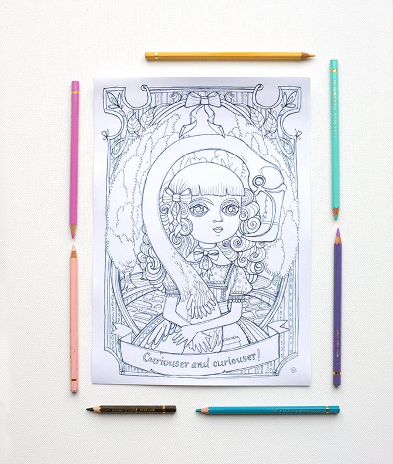 May include: A black and white line drawing of a girl with a flamingo. The girl is wearing a dress and a bow in her hair. The flamingo is wrapped around her. The text "Curiouser and curiouser!" is written on a banner below the girl.