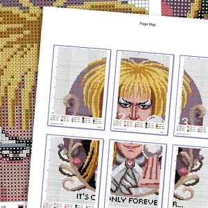 May include: A cross-stitch pattern for a colorful anime character with blonde hair and a purple background. The pattern is divided into six pages, each with a different section of the character. The text on the pages reads "It's C", "Only Forever", and "R..."