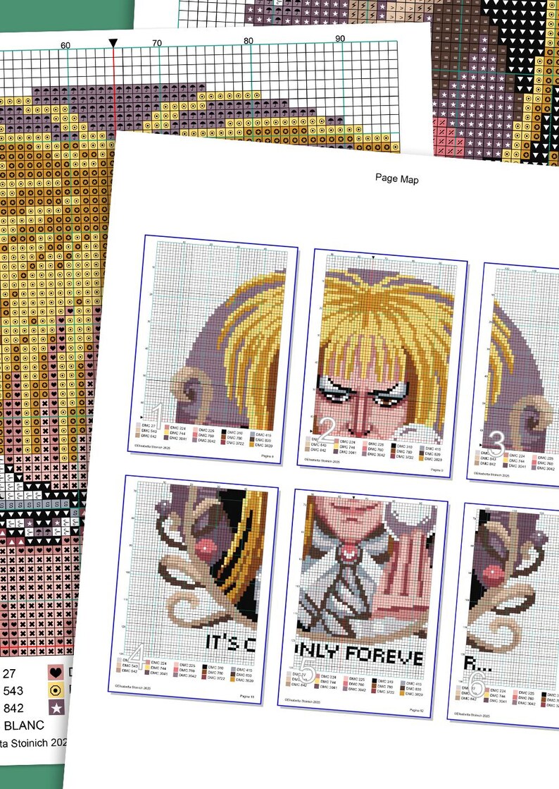 May include: A cross-stitch pattern for a colorful anime character with blonde hair and a purple background. The pattern is divided into six pages, each with a different section of the character. The text on the pages reads "It's C", "Only Forever", and "R..."