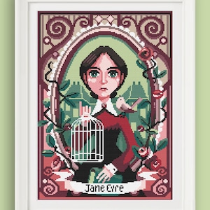 May include: A cross-stitch pattern featuring a portrait of Jane Eyre, a fictional character from the novel of the same name. The portrait is framed in a decorative border with floral motifs and a bird in a cage. The text "Jane Eyre" is displayed below the portrait.