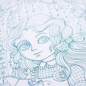 May include: A line drawing of a girl with long, wavy hair wearing a checkered dress and a bow. She is looking down at a small animal, possibly a dog, with its head tilted up.