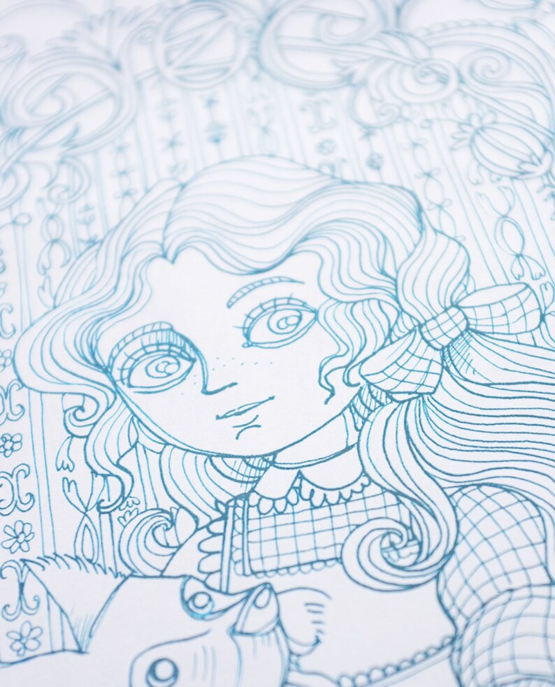May include: A line drawing of a girl with long, wavy hair wearing a checkered dress and a bow. She is looking down at a small animal, possibly a dog, with its head tilted up.