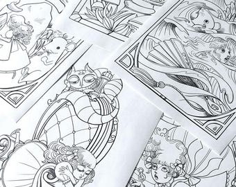 May include: A collection of black and white Alice in Wonderland coloring pages. The illustrations feature characters like the Cheshire Cat, Alice, and the Mad Hatter, with intricate details and decorative borders. The pages are suitable for coloring with pencils or markers.
