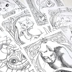 6 CATS coloring bundle PDF - Pluto, Macavity, The Cheshire cat, The Cat, Pangur Ban, Behemoth - 6 illustrations ready to download image 1