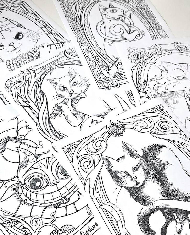 6 CATS coloring bundle PDF - Pluto, Macavity, The Cheshire cat, The Cat, Pangur Ban, Behemoth - 6 illustrations ready to download image 1