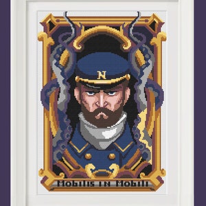 May include: A pixelated portrait of a man in a navy blue uniform with a gold trim and a navy blue cap with a gold N on it. The man has a beard and mustache and is looking directly at the viewer. The portrait is framed in gold and has a dark purple background. The text "Mobilis in Mobili" is written in gold at the bottom of the portrait.