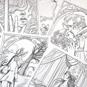 Può includere: Una collezione di illustrazioni in bianco e nero con temi romantici e gotici. I disegni raffigurano scene d'amore, perdita e momenti drammatici, con dettagli di linea e figure espressive. Adatto per la colorazione o l'esposizione.