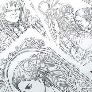 May include: A black and white line art illustration of a woman with long hair and a flower in her hair. The woman is wearing a necklace and a dress. The illustration is framed in a decorative border.