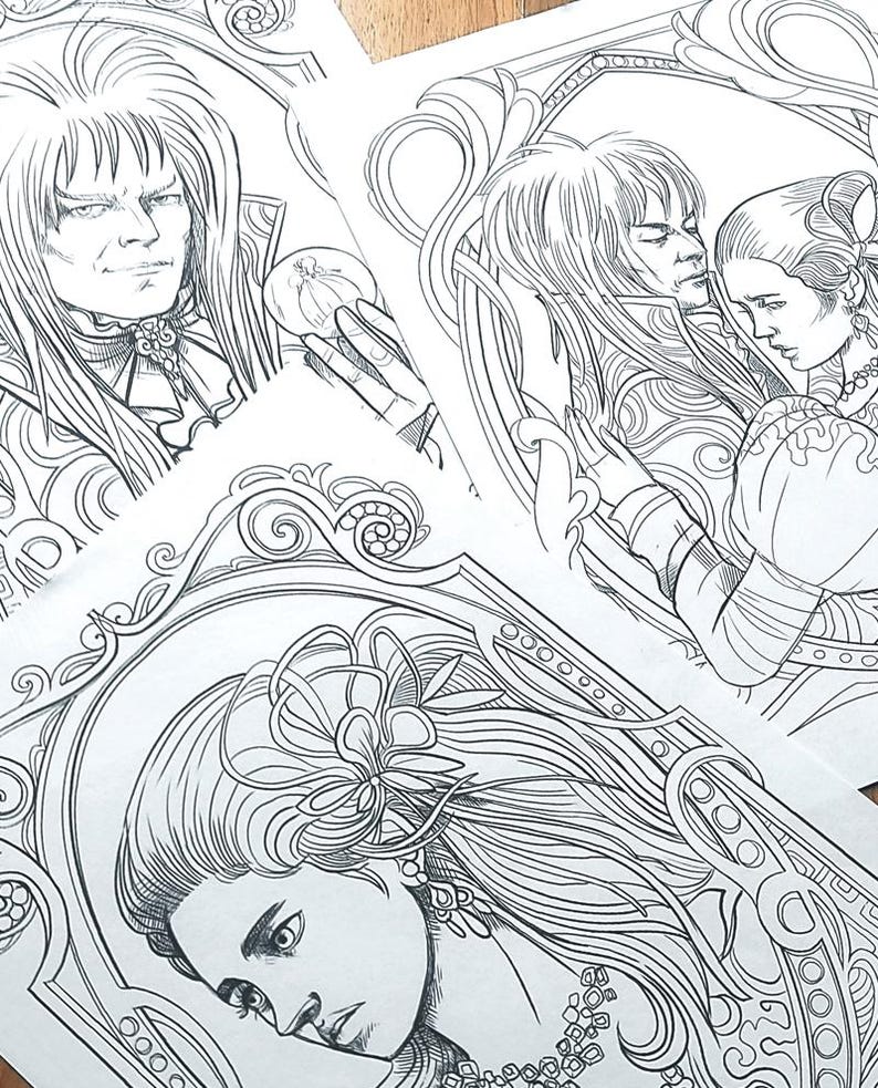 May include: A black and white line art illustration of a woman with long hair and a flower in her hair. The woman is wearing a necklace and a dress. The illustration is framed in a decorative border.
