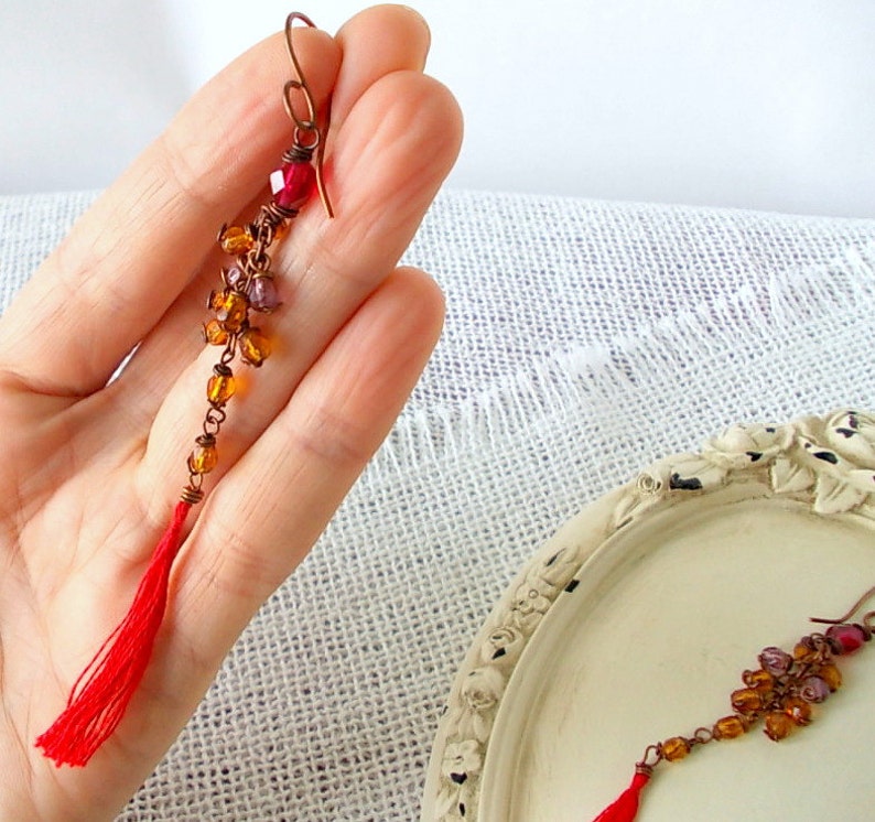 gift for her Tassel earrings with red cotton pendant handmade combined with ocher beads mounted with copper wire elegant gift