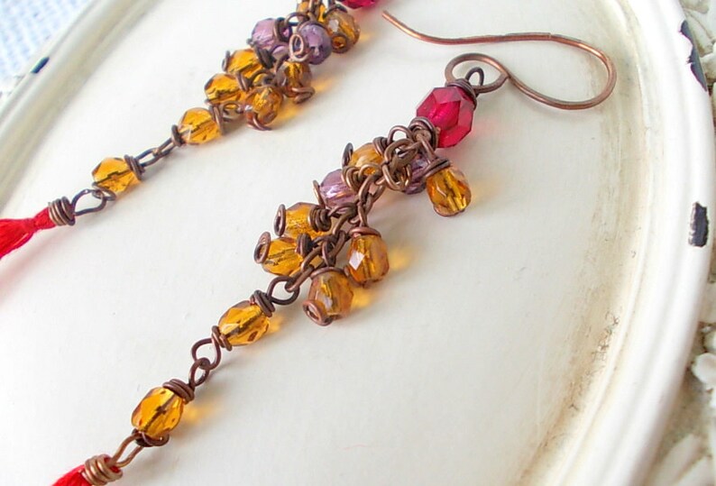 gift for her Tassel earrings with red cotton pendant handmade combined with ocher beads mounted with copper wire elegant gift