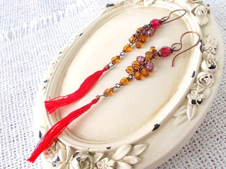 gift for her Tassel earrings with red cotton pendant handmade combined with ocher beads mounted with copper wire elegant gift