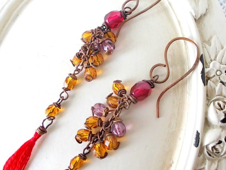 gift for her Tassel earrings with red cotton pendant handmade combined with ocher beads mounted with copper wire elegant gift