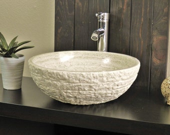 Round Travertine Marble Stone Vessel Sink  Bowl Bathroom  Beige-Cream rustic chiseled