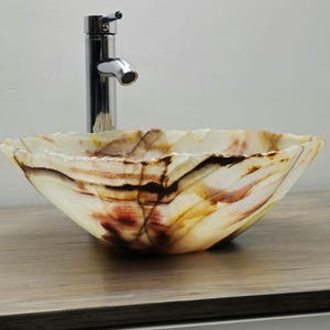 Onyx Natural Stone Bathroom Vessel Sink- Chiseled Live Edge Brown White Green
