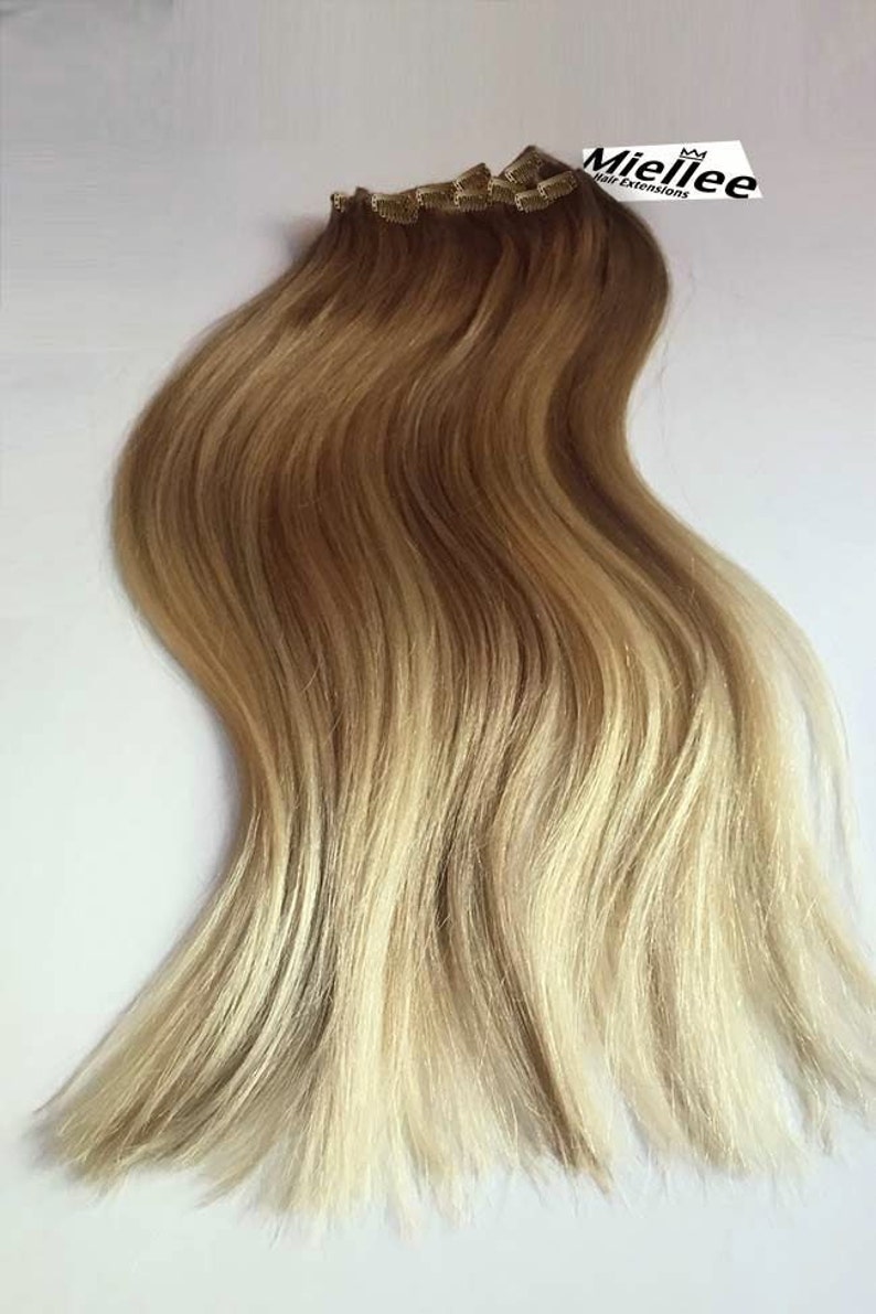 Medium Golden Blonde Balayage Clip In Extensions Silky Straight Natural Human Hair 8 Pieces For a Full head 120, 170, 220 & 270g Sets image 1