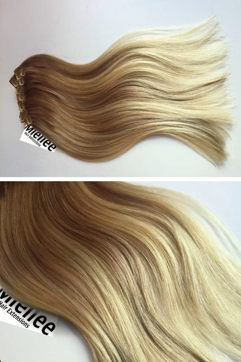 Medium Golden Blonde Balayage Clip In Extensions Silky Straight Natural Human Hair 8 Pieces For a Full head 120, 170, 220 & 270g Sets zdjęcie 2