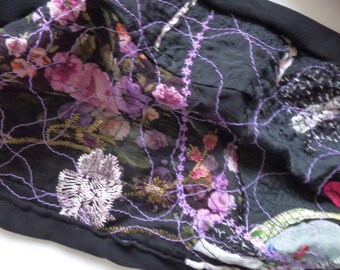 Unique Quilted Up Cycled Cloth Silk Scarf Black and Pink