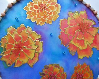 Silk Wall Hanging Hand Painted Silk Painting Marigold Flowers