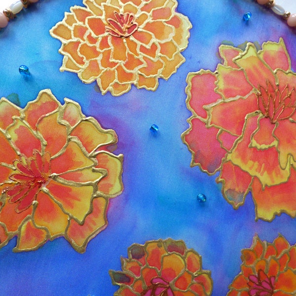 Silk Wall Hanging Hand Painted Silk Painting Marigold Flowers