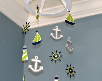 Nautical Nursery Mobile Sailboat Anchor Lighthouse Wheel Custom Wood Paint Beach Theme Crib Mobile Boat Decor Ocean Baby Shower Gift