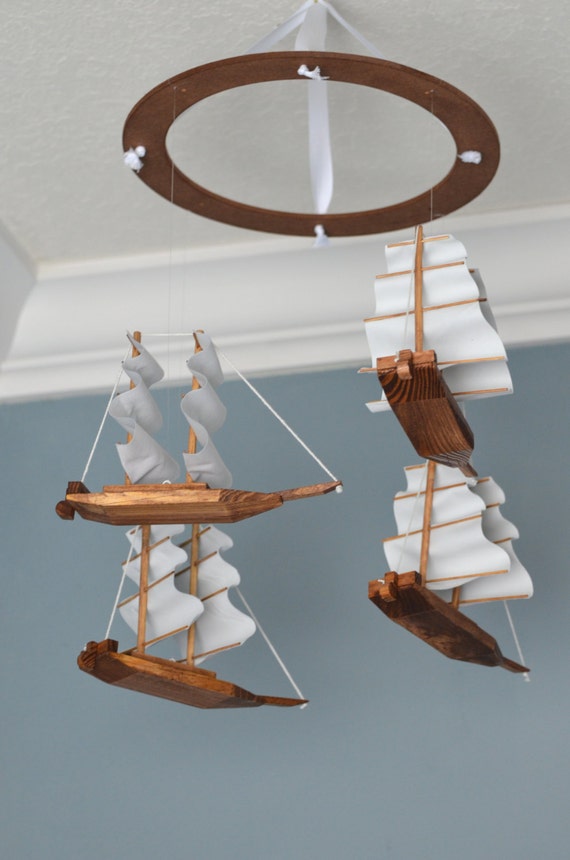 Nautical Nursery Mobile Wood Fabric Ship Boat Pirateship Sailboat Decor Ship Decor Jolly Roger Treasure Boy Kids Baby Shower Gift Ocean