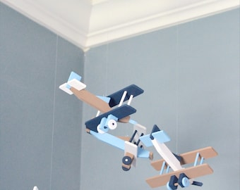 Airplane Nursery Mobile Bi-Plane Custom Wood Biplane Plane Flight Theme Decor Aviation Transportation Vintage Travel Baby Shower Gift