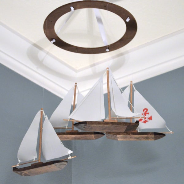 Nautical Nursery Mobile Nautical Anchor Custom Wooden Fabric Applique Boat Modern Decor Beach Sailboats Nautical Baby Shower