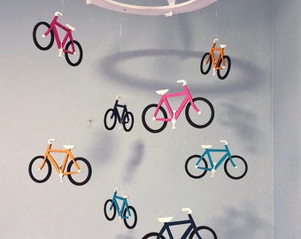 Bicycle Nursery Mobile Custom Painted Wooden Retro Theme Vintage Bike Boy Girl Whimsical Cycling Beach Cruiser Bikes Baby Shower Gift