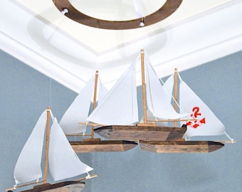 Vivero náutico móvil ancla madera velero tela apliques barco decoración moderna veleros playa tema barco océano bebé ducha regalo personalizado