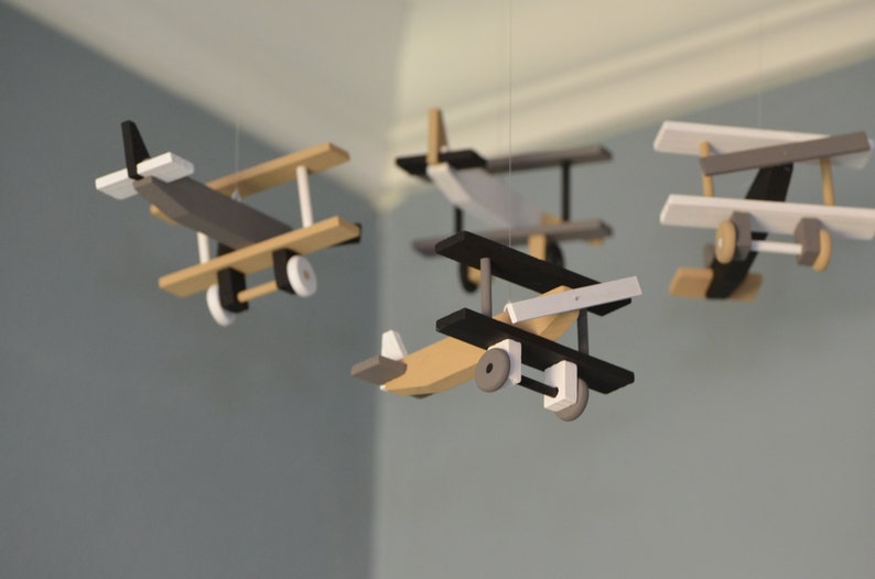 Airplane Nursery Mobile Nursery Decor BiPlane Custom Wood Plane Flight Theme Decor Aviation Transportation Vintage Travel Baby Shower Gift image 1